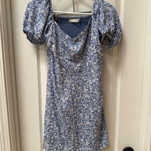 Altar'd State Blue and White Floral Puff-Sleeve Mini Dress